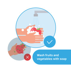 Wash fruits and vegetables. Hands holding apple under water tap. Arm in foam soap bubbles washing food. Vector illustration flat design. Disinfection. Antibacterial washing. Infographic