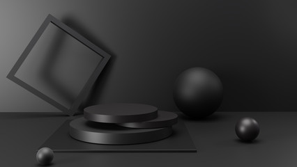Black podium 3d rendering used for additional product, Minimal style with circle Dark pedestal studio background. 3d render.