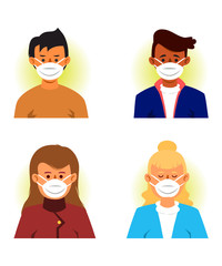 People wear medical mask cartoon vector illustration. Epidemic, flu protection, avoiding virus. Boy and girl wearing face mask.