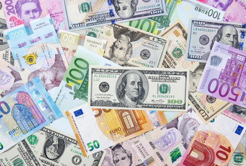  dollar, euro and hryvnia banknotes