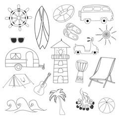 Set of summer icons. Cute summer doodle illustration on white background.