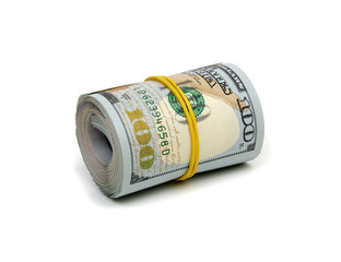 Hundred dollar bills rolled up with rubberband