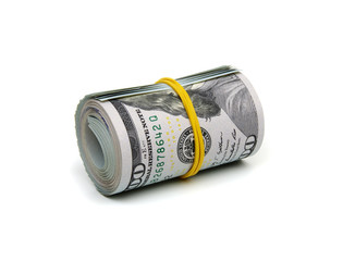 dollar bills knitted by a  rubber band isolated on white background