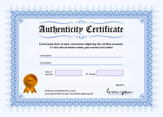 Certificate of authenticity, vector illustration with watermark and stamp. A5 format, blue colour