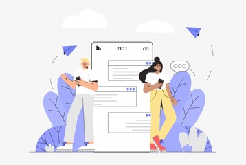 The concept of social networks and online communication. A young woman and a man standing near the screen of the phone, and chatting online. Vector illustration in a modern flat style.