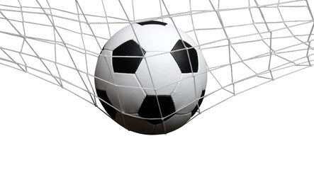 Naklejka premium Soccer ball in goal on white