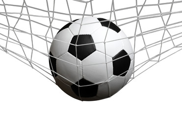 Soccer ball in goal on white