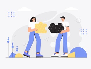 The concept of team work, business, partnership, cooperation. Two young people hold and connect two parts of the puzzle. Vector illustration in a modern flat style, for banners, ads, flyers.