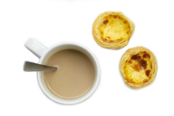 A cup of coffee with egg tarts, isolated on white background