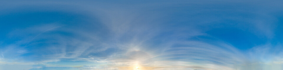 Obraz premium Sky 360 with clouds and sun. Image with 3D spherical panorama with 360 degree viewing angle. Ready for virtual reality in vr. Semi equirectangular projection. Background for games. Huge resolution.