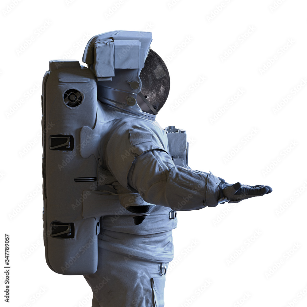 Wall mural astronaut presenting an empty space isolated on white background