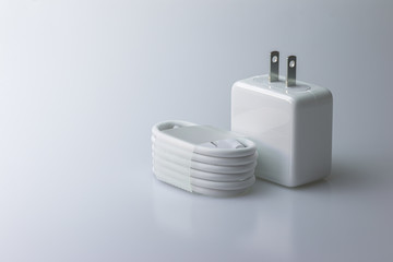 Mobile Phone Charger and USB Type-C Cable for the smartphone on a gray background.