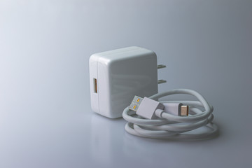 Mobile Phone Charger and USB Type-C Cable for the smartphone on a gray background.