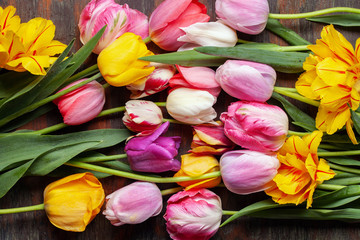 Bouquet of multicolor tulips. Fresh spring flowers. Top view