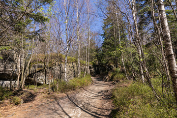 Stolowe Mountains National Park. Path in Rock Labyrinth hiking trail Bledne Skaly. Errant Rocks in Sudetes Mountains near Kudowa-Zdroj, Lower Silesia, Poland.