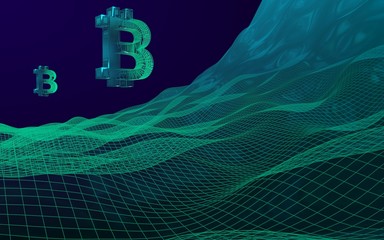 Digital currency symbol Bitcoin on abstract dark background. Drop of the crypto currency market. Business, finance and technology concept. 3D illustration