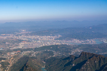 Aerial view of mountain and city in Hunan province, China 