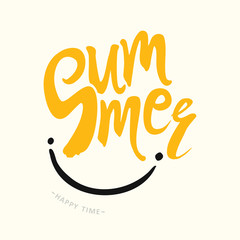 Summer Smiles. Happy time. Bright yellow template. Vector illustration for season banner, label, poster, logo Summer.