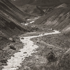 Beautiful landscape. Hilly area. The sandy gorge. Mountainious terrain. Black and white.