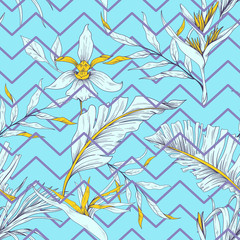 Seamless pattern with tropical flowers, palm leaves and geometric shapes