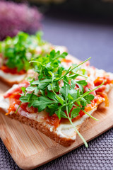 Baked hot sandwiches on white bread with fried vegetables in tomato sauce, Servelat straws, melted cheese and green watercress on a wooden Board