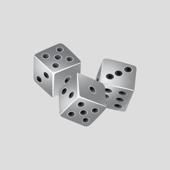 Silver trio of dice with grain on white background