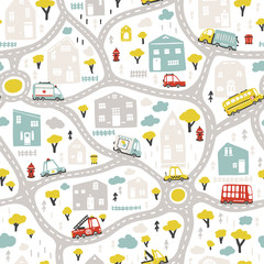 Baby-Stadtplan mit Straßen und Transport. Vektor nahtlose Muster. Karikaturillustration im kindischen handgezeichneten skandinavischen Stil. Für Kinderzimmer, Textilien, Tapeten, Verpackungen, Kleidung usw
