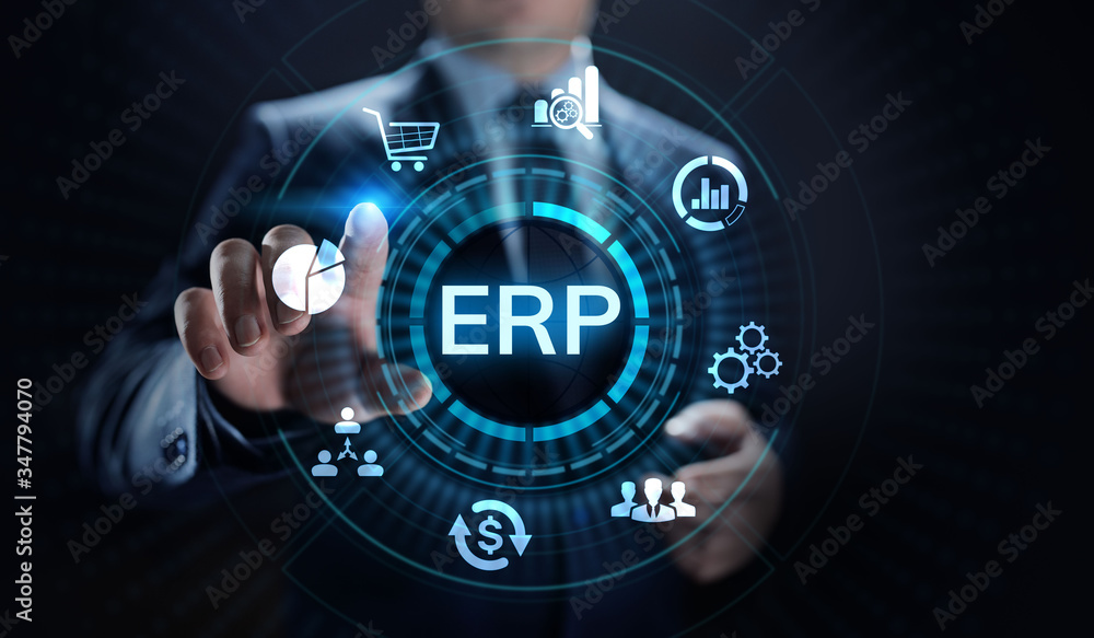 Poster erp enterprise resources planning system software business technology.