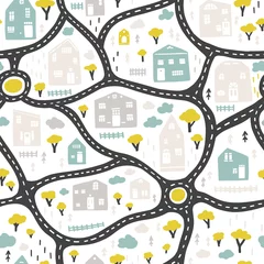  Baby City map with roads and buildings. Vector seamless pattern. Cartoon illustration in childish hand-drawn scandinavian style. For nursery room, textile, wallpaper, packaging, clothing, etc © Світлана Харчук