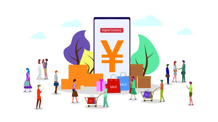 Group of people and phones for online trading. Digital currency electronic payment concept. Vector illustration. Isolated, white background. 