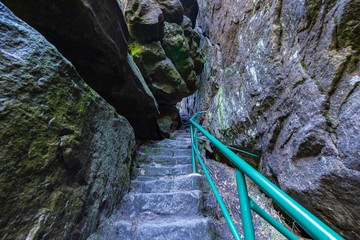 Stolowe Mountains National Park. Rock formations in Szczeliniec Wielki hiking trail near Kudowa-Zdroj, Lower Silesia, Poland.