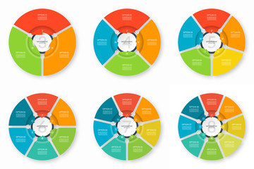 Set of infographic process charts. Circular design templates with 3, 4, 5, 6, 7, 8 arrows pointing to the center. Cycle diagrams that can be used for report, data visualization and presentation.
