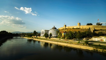 Skopje, Macedonia - View of Vardar river and Skopje Kale Castle wall. Skopje, Macedonia