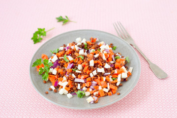 Linsensalat mit Zwiebel und Karotte