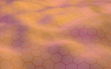 Colorful honeycomb with a gradient color on a light background. Perspective view on polygon look like honeycomb. Wavy surface. Isometric geometry. 3D illustration