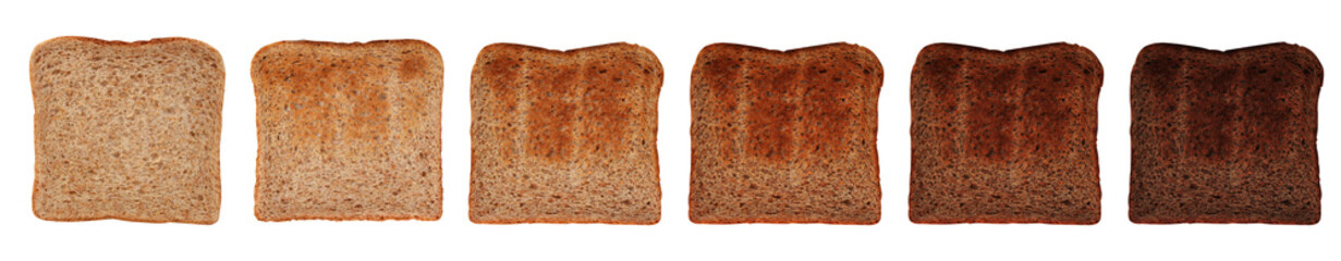 cereal bread, toasts of various degrees of toast for a sandwich, concept of healthy eating, dieting, snacking at work, at school, student fast food, isolated, panorama
