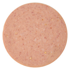 slices of pink boiled sausage, concept of healthy eating, dieting, snacking at work, at school, student fast food, isolated