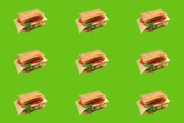 bright pop art, sandwich seamless pattern with cheese, lettuce, tomatoes, cucumbers, sausage, dill and green onions, the concept of a healthy diet, diet, snack at work, at school, student fast food