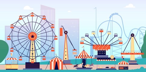 Amusement park. Fun fair, circus entertainment or carnival. Recreation with roller coaster and ferris wheel. Vector fairground background. Illustration entertainment carnival, amusement park zone