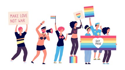 Gay parade. Isolated lgbt people, gay pride. Happy transgender woman, boys and couples with rainbow flags. Bisexual and lesbian festival vector illustration. Festival rainbow lesbian, lgbt love parade