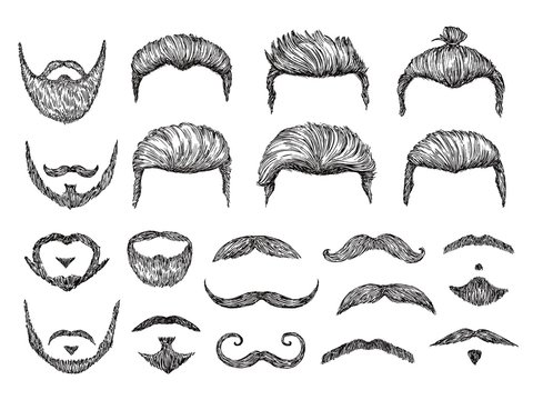 Male hairs sketch. Beard, mustache facial elements. Hand drawn hipster haircuts. Isolated fashion models barber shop hairstyles vector set. Illustration mustache hair, head drawing illustration