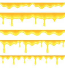 Dripping honey border. Flowing oil syrup, flow drips. Isolated realistic melted golden delicious caramel or sauce vector seamless pattern. Illustration fluid flow border, caramel honey, gold oil