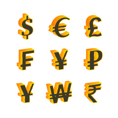 World currency  3d  symbols set. Currency vector emblems set. Dollar, euro,  pound, ruble, yuan. EPS 10 vector