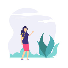 Girl walking outdoor. Good weather, cloudy day. Girl looking at sky on clouds. Female student or tourist with backpack vector illustration. Girl walking outdoor, character young looking in park