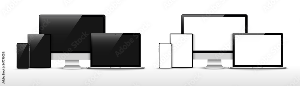 Poster set of compute, laptop, smartphone with empty screens. design on transparent background. . vector il