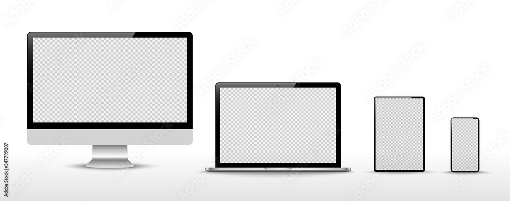 Poster set of compute, laptop, smartphone with empty screens. design on transparent background. . vector il