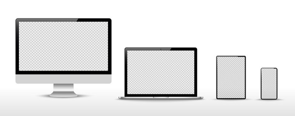 Set of compute, laptop, smartphone with empty screens. Design on transparent background. . Vector illustration