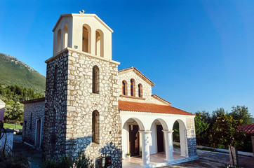 Belfry of the stone Orthodox church on the island of Lefkada in Greece.