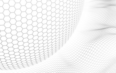 Obraz premium Abstract landscape on a white background with white honeycomb sphere. Cyberspace grid. hi tech network. 3d illustration