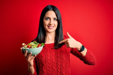 Young brunette woman with blue eyes eating healthy green salad over isolated red background with surprise face pointing finger to himself